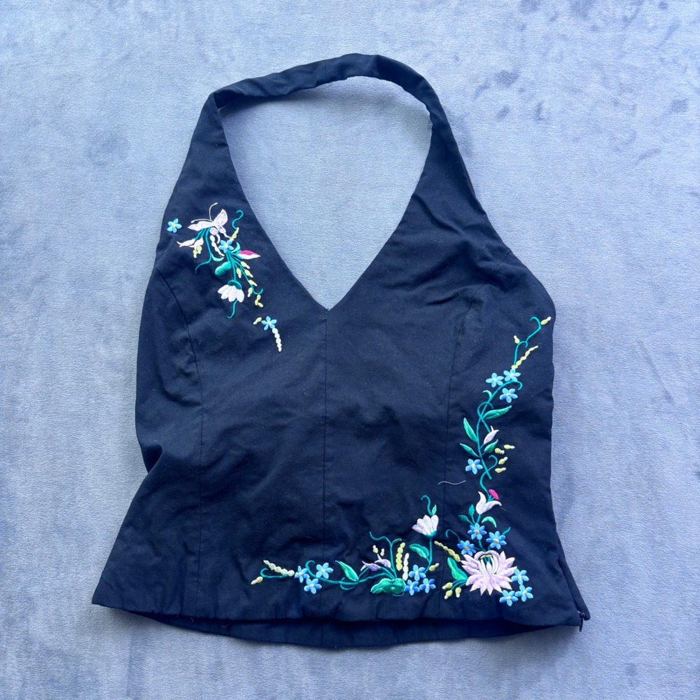 Oasis Black Embroidered Floral Butterfly Halter Neck Top Size 14/40